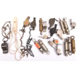 21 various whistles, mostly WWII military: 3 Air Ministry marked dinghy whistles; 8 “Metropolitan”