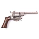A Belgian 6 shot 9mm Lefaucheux type double action pinfire revolver, c 1865, round barrel with