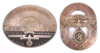 A Third Reich Nordmark Herrst Prufune pressed car badge, Nordmark Motor Brigade; also an NSKK