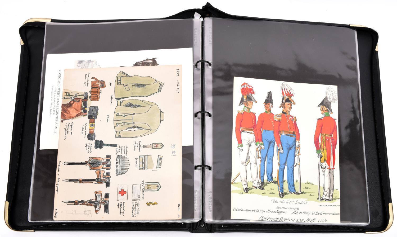 26 sheets of well executed watercolour drawings of pre 1918 German military uniforms, insignia,