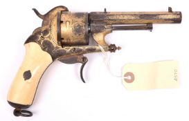 A Belgian gold plated 6 shot 12mm Chamelot & Delvigne double action pin-fire revolver, c 1865,number