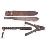 A pair of WWII wire cutters; a machete dated 1944 in its leather sheath; a hardwood truncheon marked