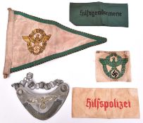 Third Reich Polizei items, comprising Feldgendarmerie gorget, embroidered car pennant; embroidered