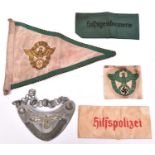 Third Reich Polizei items, comprising Feldgendarmerie gorget, embroidered car pennant; embroidered