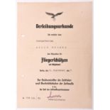 A Third Reich Award Certificate for a Luftwaffe Air Gunner/Wireless Operator’s badge, to