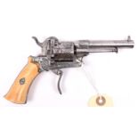 A Belgian 6 shot 7mm Lefaucheux double action pinfire revolver, c 1865, round barrel 85mm, Liege