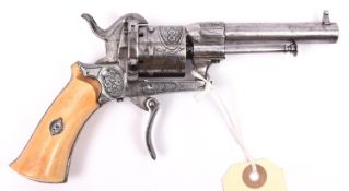 A Belgian 6 shot 7mm Lefaucheux double action pinfire revolver, c 1865, round barrel 85mm, Liege