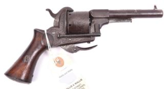 A Belgian 6 shot 7mm Pliers Brevete double action pinfire revolver, c 1866, round barrel 97mm (3¾”),
