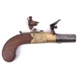 A brass framed 48 bore flintlock boxlock pocket pistol, signed “H. Nock, London”, c 1820, 6"