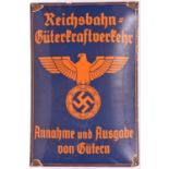 An orange on black enamelled sign, bearing Third Reich eagle, “Reichsbahn Guterkraftverkehr” and “