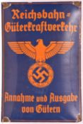 An orange on black enamelled sign, bearing Third Reich eagle, “Reichsbahn Guterkraftverkehr” and “