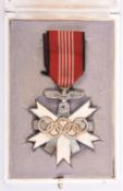 A Third Reich 1936 Olympics Cross 1st Class, silvered and enamelled Olympic medal with ribbon,