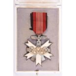 A Third Reich 1936 Olympics Cross 1st Class, silvered and enamelled Olympic medal with ribbon,