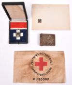 4 Third Reich Deutsches Rote Kreuz items, gilt and enamelled cross in fitted case, DRK Sanitats