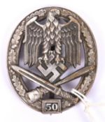 A good Third Reich General Assault badge, 50 action tablet, generally silvered finish. GC £100-150