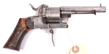 A Belgian 6 shot 7mm Lefaucheux double action pinfire revolver, c 1865, number 192648, octagonal