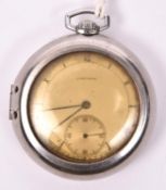 A Longines pocket watch, 1930s, with silvered dial, Roman numerals, seconds dial, the chrome