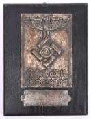 A good Third Reich RAD plaque of plated metal, separate lower plate engraved “4/141 STEINAU”, all