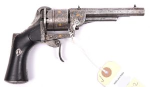 A Belgian 5 shot 7mm Loron self cocking pinfire revolver, c 1862, sighted octagonal barrel 105mm,
