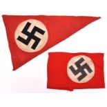 A Third Reich NSDAP Pennant, 14" x 8½”, applique central panel; also a man’s NSDAP arm band. GC (
