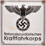 A black on white enamelled sign, bearing Third Reich eagle above “Nationalsozialistisches