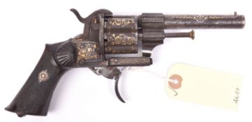 A Spanish 6 shot 9mm gold damascened double action pinfire revolver, c 1865, round barrel 110mm (4")
