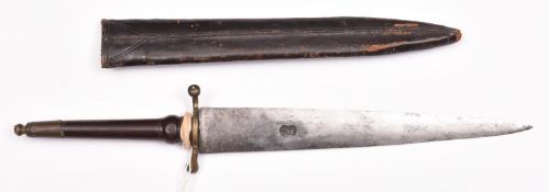 A late 17th century private purchase plug bayonet, tapered double edged blade 11", struck on both
