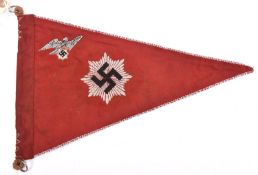 A Third Reich RLB vehicle pennant, embroidered with alloy thread eagle and swastika etc. 14" x 9".