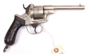 A Belgian 6 shot 9mm Ortmann double action pinfire revolver, c 1865, the barrel, cylinder and