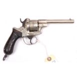 A Belgian 6 shot 9mm Ortmann double action pinfire revolver, c 1865, the barrel, cylinder and