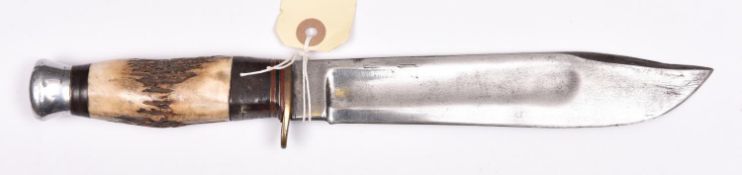 A Bowe knife, SE clipped back blade 8", staghorn hilt with brass crosspiece and WM pommel. GC £30-40