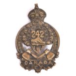 A WWI Canadian CEF cap badge of the 242nd Battalion, of brass with single brass lug. GC (one lug