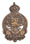 A WWI Canadian CEF cap badge of the 242nd Battalion, of brass with single brass lug. GC (one lug