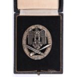 A Third Reich Infantry Assault 50 Day badge, silvered eagle etc, alloy wreath, in its case of issue.