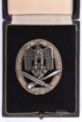 A Third Reich Infantry Assault 50 Day badge, silvered eagle etc, alloy wreath, in its case of issue.