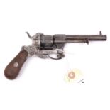 A Belgian 6 shot 7mm Collette double action pinfire revolver, c 1865, round barrel 107mm (4¼”),