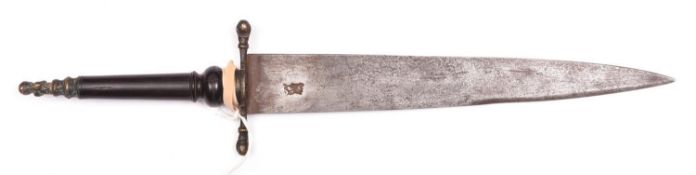 A late 17th century private purchase plug bayonet, broad thin wedge section blade 11" struck with