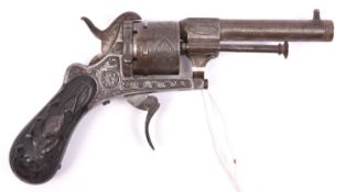 A Belgian 6 shot 7mm Lefaucheux double action pinfire revolver, number 221932, c 1865, round