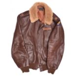 A modern copy of a US Army Air Force A2 dark brown leather flying jacket, with sheepskin collar,