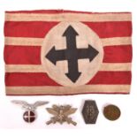 A WWII Hungarian Arrow Cross armband, red, white and black applique, also 4 other Axis ally metal