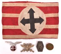 A WWII Hungarian Arrow Cross armband, red, white and black applique, also 4 other Axis ally metal