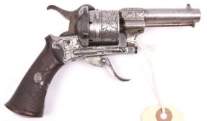 A Belgian 6 shot 7mm Lefaucheux double action pinfire revolver, c 1865, round barrel 70mm, Liege