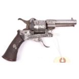 A Belgian 6 shot 7mm Lefaucheux double action pinfire revolver, c 1865, round barrel 70mm, Liege