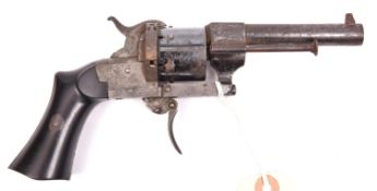 A French 6 shot 7mm Lefaucheux double action pinfire revolver c 1865, number 9741 next to “LF” mark,