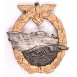 A Third Reich 1st type E Boat war badge, gilt, silvered and bronzed finish. VGC £70-100