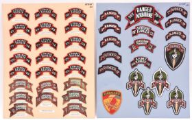 35 US Ranger and Airborne Ranger cloth scroll badges, 16 diamond shaped numbered Ranger badges,