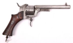 A Belgian 6 shot 9mm Comblain type double action pinfire revolver, c 1860, octagonal barrel 140mm,