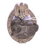 A good Third Reich Tank Assault badge, 25 Days of Action tablet, silvered wreath etc, bronzed