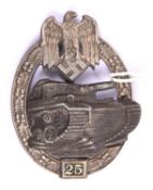 A good Third Reich Tank Assault badge, 25 Days of Action tablet, silvered wreath etc, bronzed