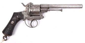 A Belgian 6 shot 12mm Chaineux double action pinfire revolver c 1865, round barrel 155mm, the breech